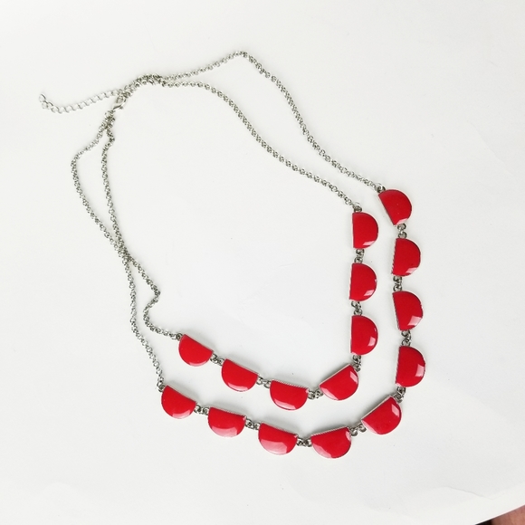 Retro Red Enamel & Silver Tone Necklace & Earrings - Picture 7 of 14